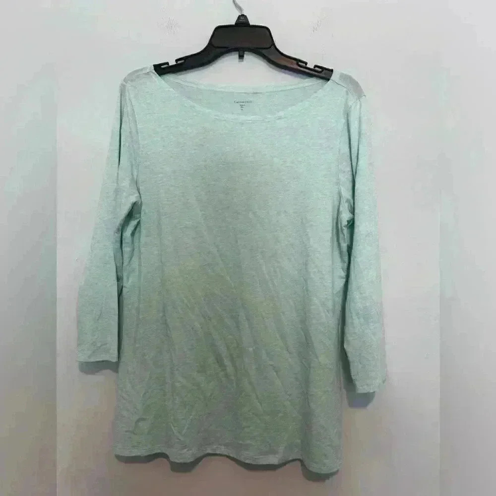 Garnet Hill Womens Blouse Cotton Blend Size M Blue 3/4 Sleeve